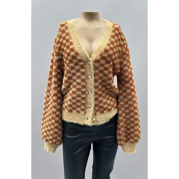 Hem & Thread Checkered Fuzzy Button Cardigan Sweater Balloon Sleeves Women M NWT - Picture 1 of 12